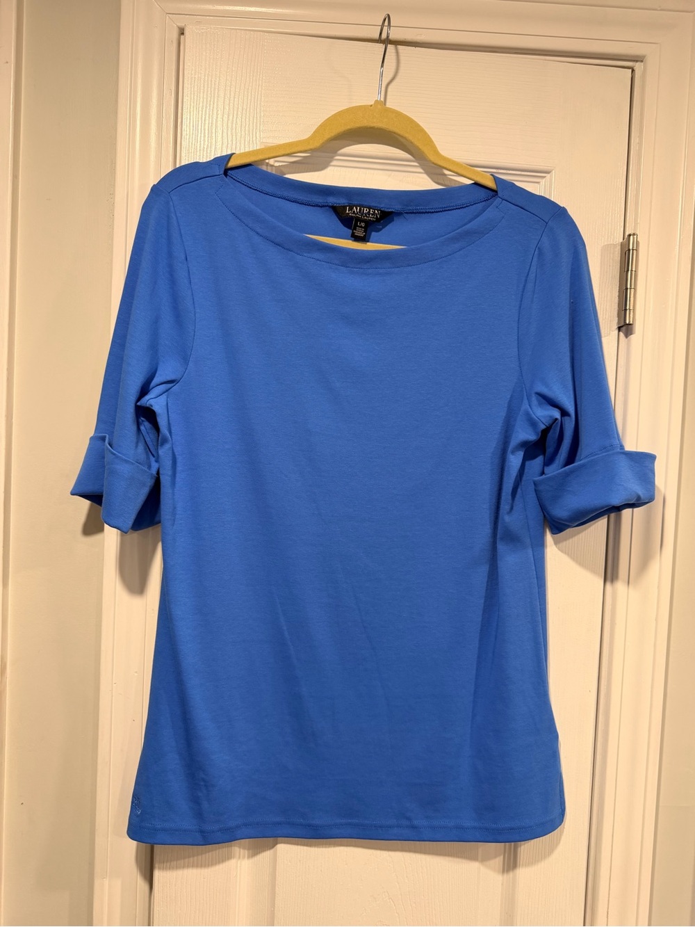 NWOT LRL Ralph Lauren Size L Blue Top Cuffed Short Sleeve Stretch Classic Logo